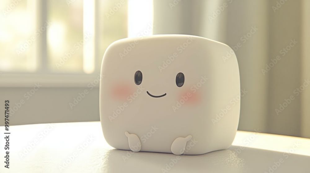 A cute, white, square-shaped character with a big smile. A cute, white, square-shaped character with a big smile.