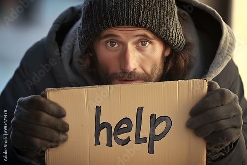 Homeless Man Holding Help Sign with Desperate Expression photo