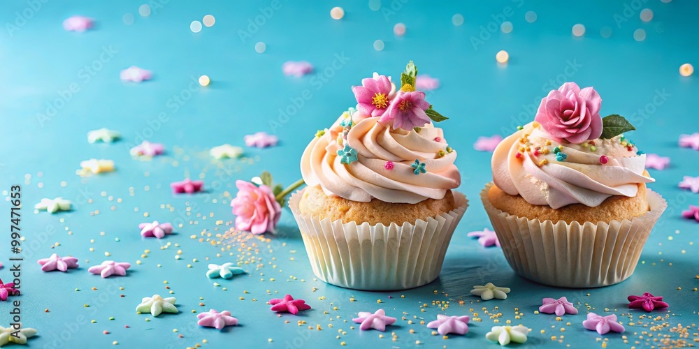 Delicate pink and white cupcakes adorned with sugar flowers and colorful sprinkles, arranged on a light blue background, creating a festive and joyful atmosphere. Delicate pink and white cupcakes adorned with sugar flowers and colorful sprinkles, arranged on a light blue background, creating a festive and joyful atmosphere.