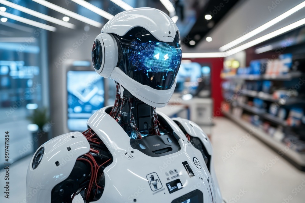 Futuristic customer service station, where robots and AI handle complaint submissions through interactive, holographic interfaces in a high-tech retail store Futuristic customer service station, where robots and AI handle complaint submissions through interactive, holographic interfaces in a high-tech retail store