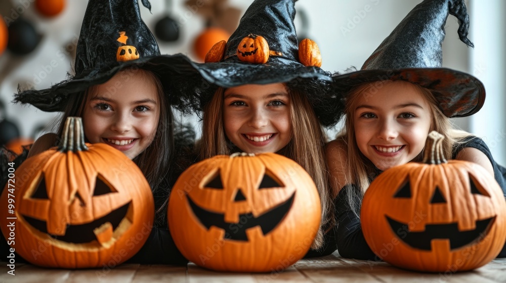 Halloween Celebrations with Witches and Pumpkins in an Autumn Forest Setting Halloween Celebrations with Witches and Pumpkins in an Autumn Forest Setting