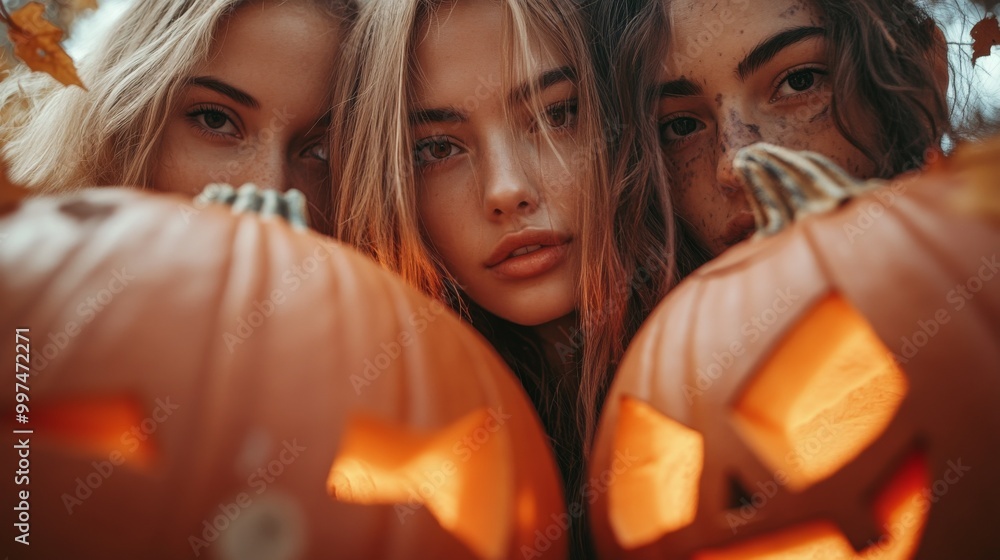 Halloween Celebrations with Witches and Pumpkins in an Autumn Forest Setting Halloween Celebrations with Witches and Pumpkins in an Autumn Forest Setting