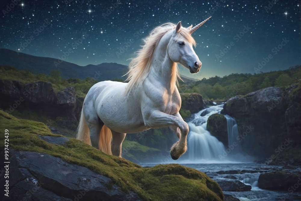 Unicorn Under a Starry Sky by a Waterfall Unicorn Under a Starry Sky by a Waterfall