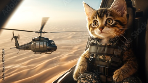 Cat in Military Gear Looking Out from Aircraft Window photo