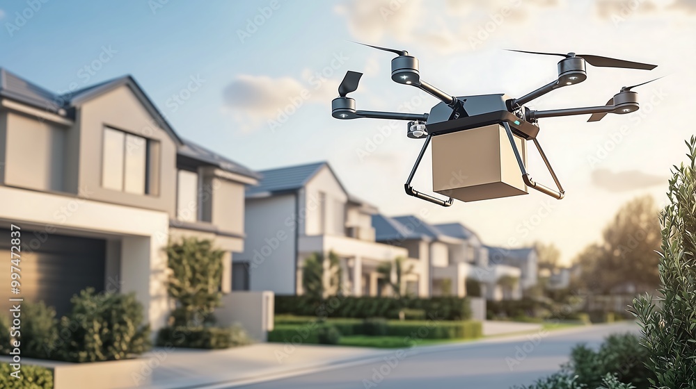 Drone Delivering Package in Modern Residential Neighborhood Drone Delivering Package in Modern Residential Neighborhood