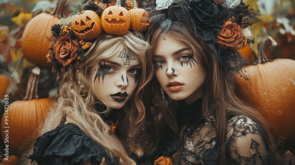 Obraz premium Halloween Celebrations with Witches and Pumpkins in an Autumn Forest Setting