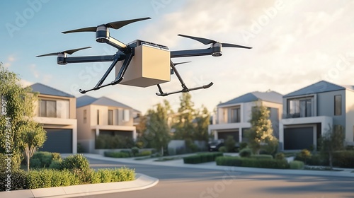 Drone Delivering Package in Modern Residential Neighborhood photo