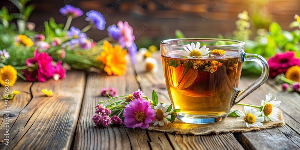 A cup of herbal tea with chamomile flowers and other wildflower blossoms resting on a rustic wooden table. A cup of herbal tea with chamomile flowers and other wildflower blossoms resting on a rustic wooden table.