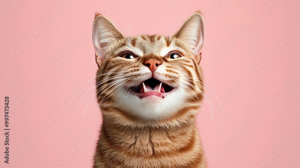 Funny Tabby Cat Laughing with Open Mouth on Pink Background Funny Tabby Cat Laughing with Open Mouth on Pink Background
