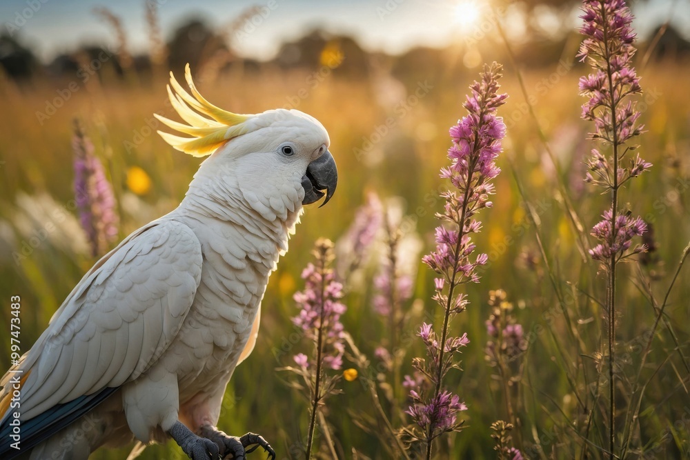 Obraz premium Cockatoo Interacting with Wildflowers in an Open Meadow