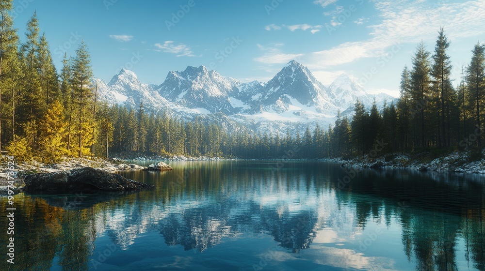 Serene mountain lake with reflection and trees. Serene mountain lake with reflection and trees.