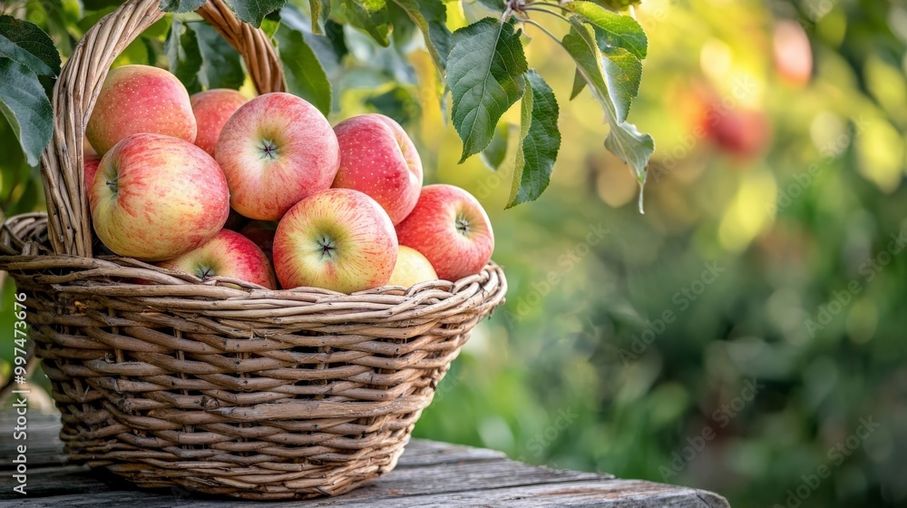 A close-up of a basket filled with freshly picked apples, sitting on a wooden table in the garden A close-up of a basket filled with freshly picked apples, sitting on a wooden table in the garden