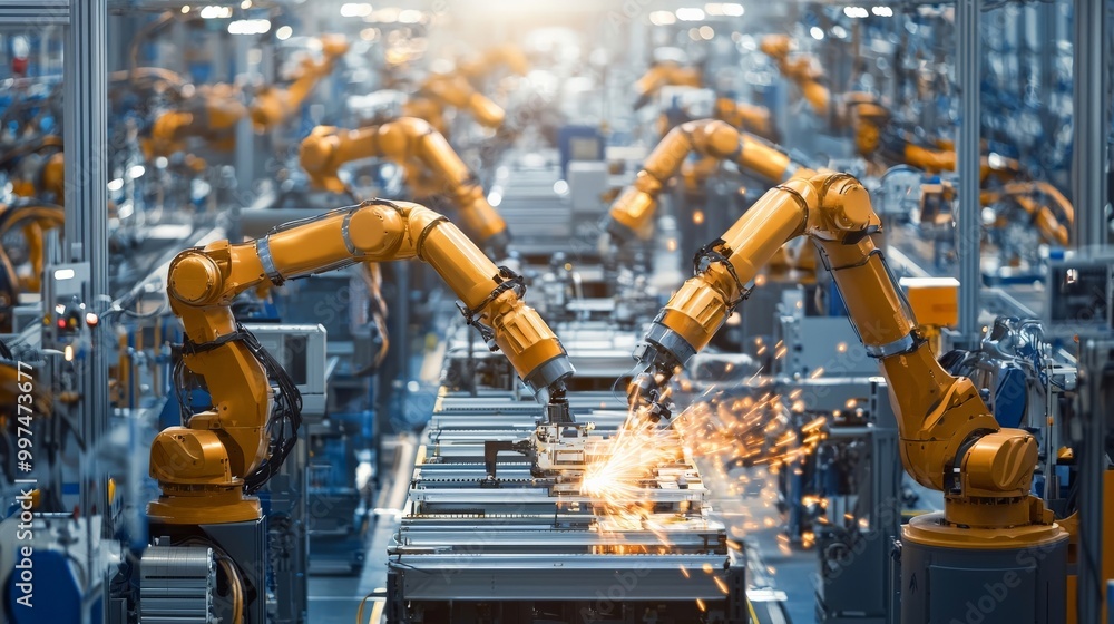 A clean and organized automotive assembly line, where robotic arms handle complex tasks, and workers monitor the production process A clean and organized automotive assembly line, where robotic arms handle complex tasks, and workers monitor the production process