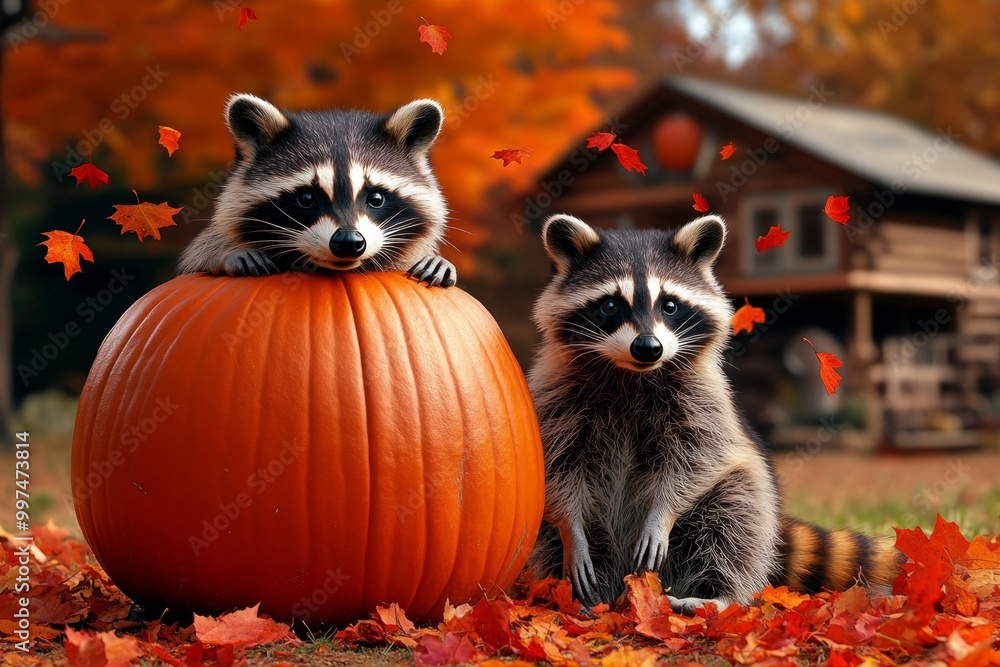 Generate an enchanting fall scene featuring a raccoon sitting beside a ...