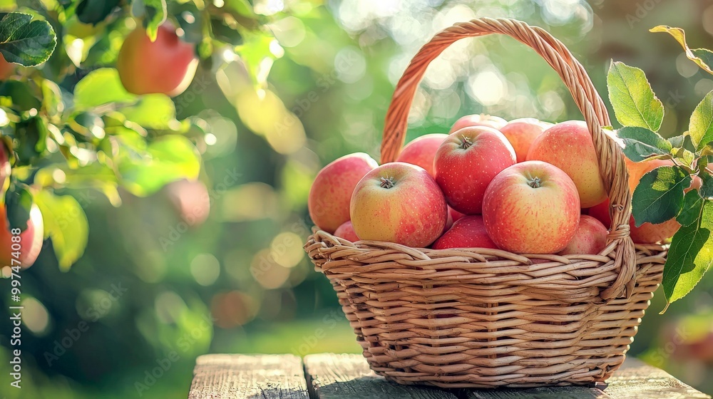 A close-up of a basket filled with freshly picked apples, sitting on a wooden table in the garden A close-up of a basket filled with freshly picked apples, sitting on a wooden table in the garden
