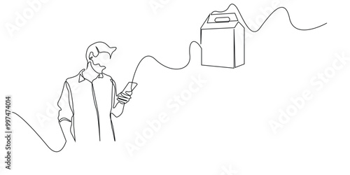 continuous line of adult man ordering fast food with habdphone.one line drawing vector illustration.isolated white background