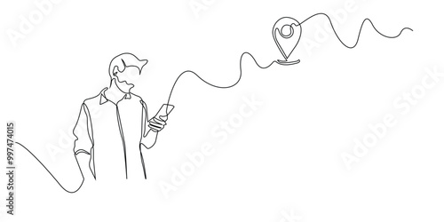 continuous line drawing of man using mobile phone and sending location.single line drawing sharing location.single line drawing illustration sharing current location