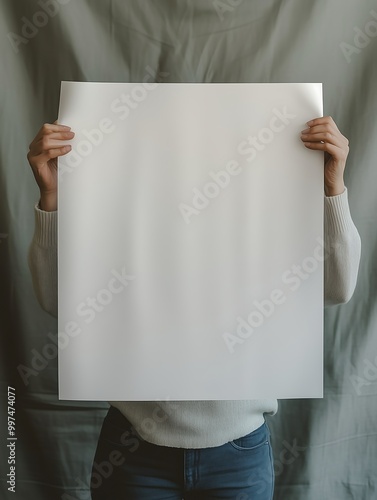 Person Holding Blank White Poster for Mockup Display photo