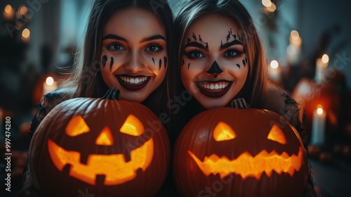 Halloween Celebrations with Witches and Pumpkins in an Autumn Forest Setting