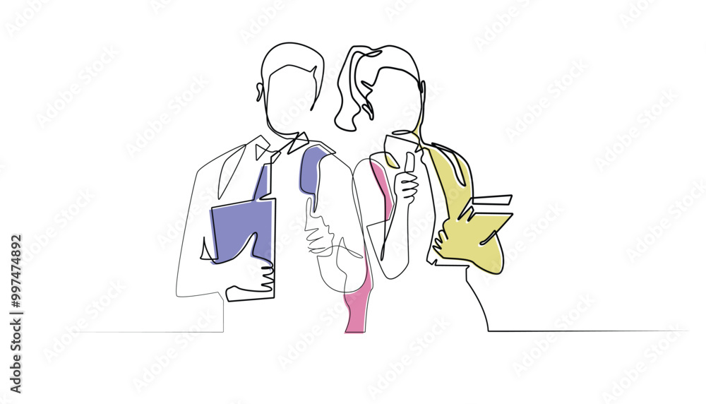 continuous line back to school.one line drawing of male and female students standing with bags and books.education single line concept continuous line back to school.one line drawing of male and female students standing with bags and books.education single line concept