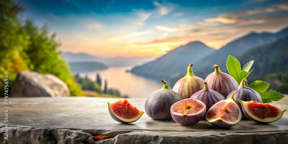 Realistic watercolour painting of figs on a stone table with a scenic ...