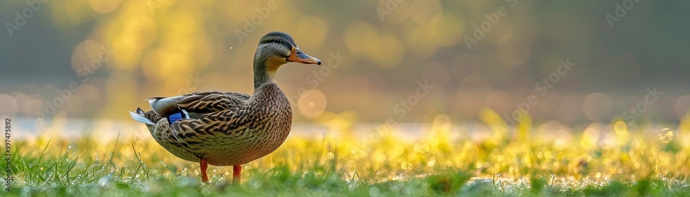 A duck is standing in a grassy field A duck is standing in a grassy field