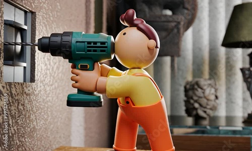 Cartoon Character Engaged in DIY Home Improvement with Power Drill
