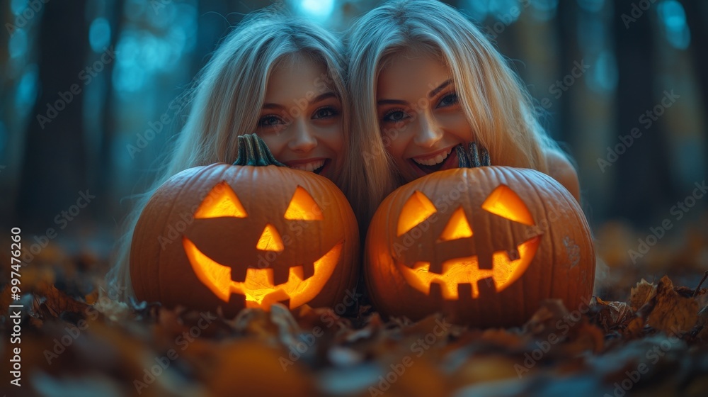 Halloween Celebrations with Witches and Pumpkins in an Autumn Forest Setting Halloween Celebrations with Witches and Pumpkins in an Autumn Forest Setting