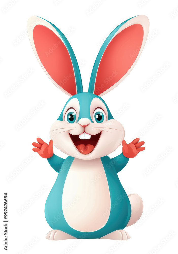 Fototapeta premium cheerful cartoon rabbit with large ears and bright blue and white body, smiling and waving its hands. This playful character is perfect for childrens themes and animations. 