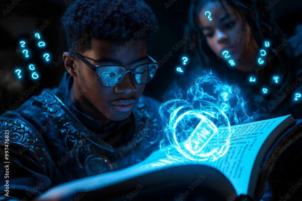 Magical reading comprehension class, where students read enchanted scrolls that glow with energy, answering questions that appear in floating letters around them Magical reading comprehension class, where students read enchanted scrolls that glow with energy, answering questions that appear in floating letters around them