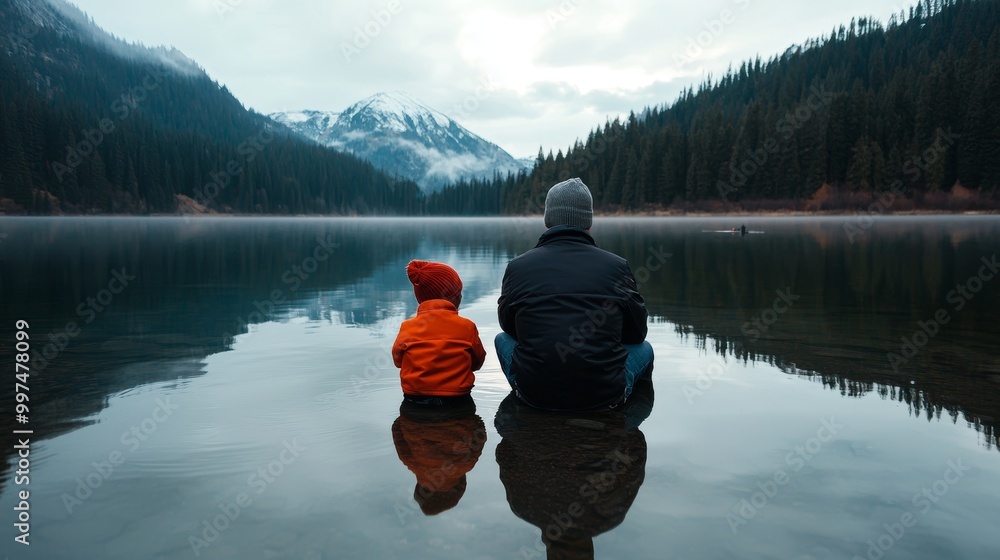 Obraz premium Father and Son Enjoying a Calm Lake Moment