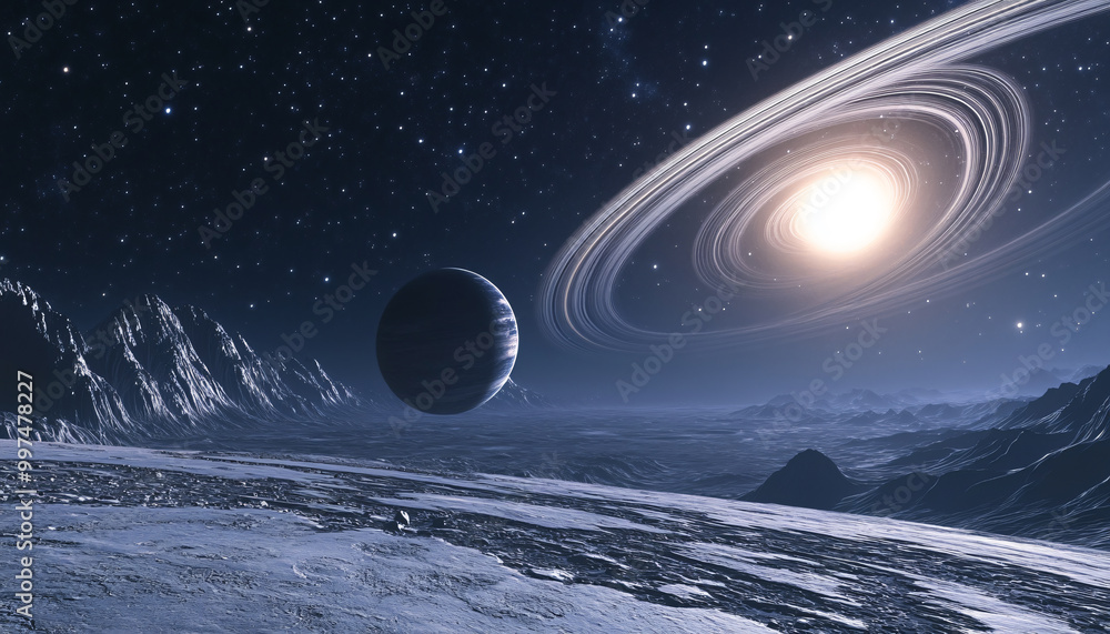 A detailed view of distant planets, with rings and moons set against a starry backdrop, creating a cosmic wonder A detailed view of distant planets, with rings and moons set against a starry backdrop, creating a cosmic wonder