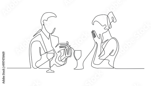 continuous line of man giving surprise to woman at romantic dinner.one line drawing of couple giving ring while eating together.one line vector illustration