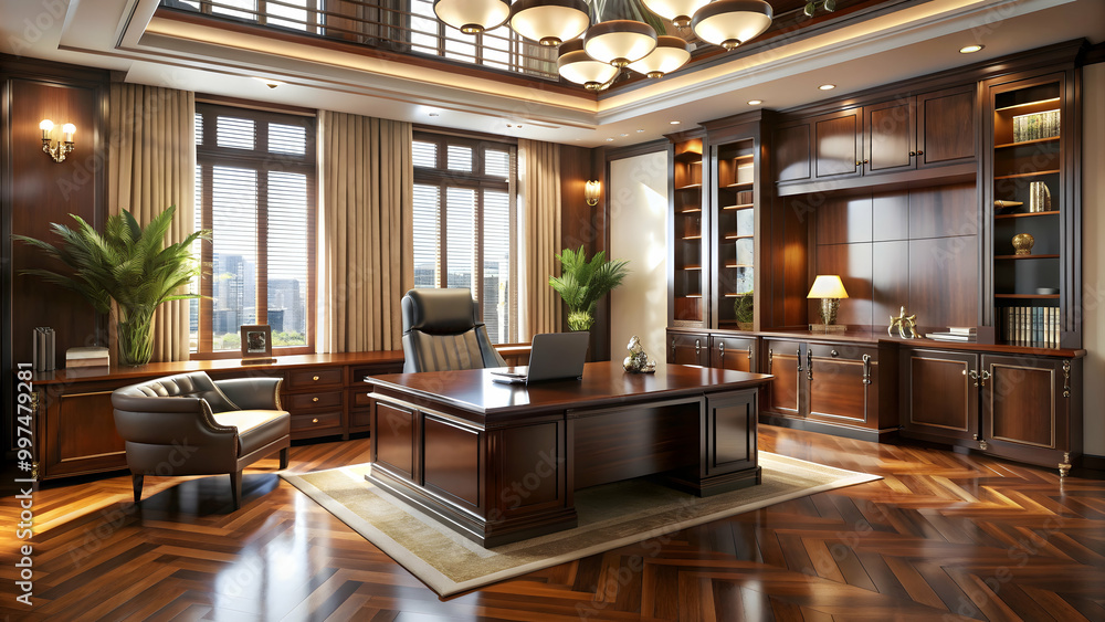 Elegant Art Deco office interior with lacquered wood furniture and stylish decorative elements Elegant Art Deco office interior with lacquered wood furniture and stylish decorative elements