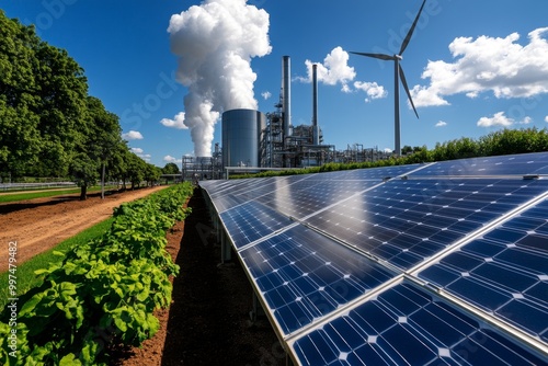 Net zero factory, where renewable energy sources like solar and wind power manufacturing processes, reducing carbon emissions to zero photo