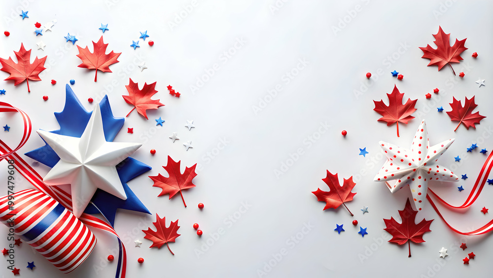 Obraz premium Top view flat lay of paper maple leaves, stars