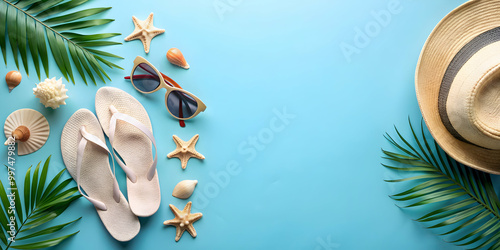 Top view flat lay of summer beach essentials including swimsuit, sun hat, flip flops