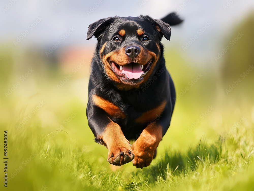 Energetic Rottweiler Running Across a Lush Green Field Energetic Rottweiler Running Across a Lush Green Field