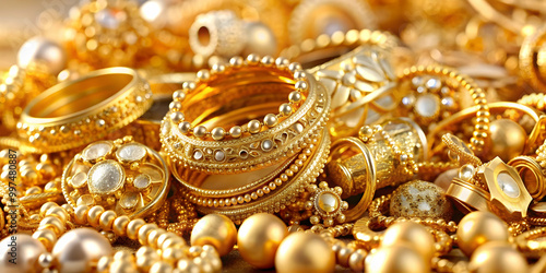 A pile of luxurious gold jewelry , gold, jewelry, pile, valuable, wealth, luxury, shiny, accessories, necklaces, bracelets