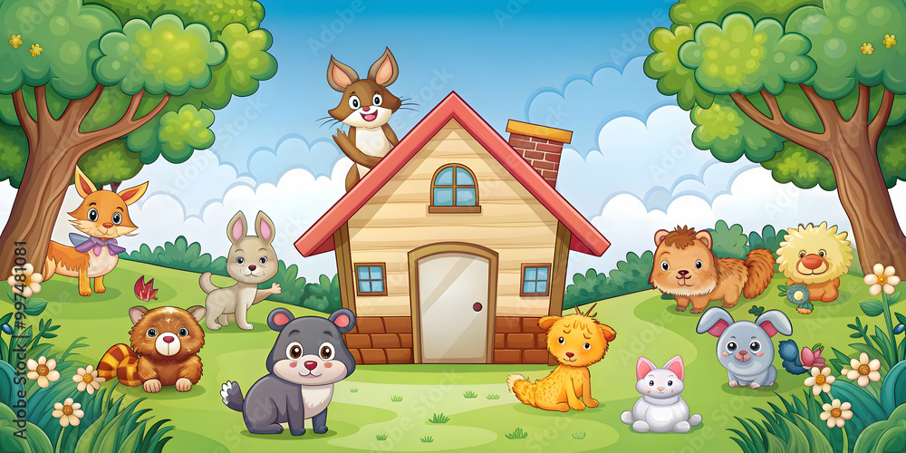 Cartoon house surrounded by a variety of cute animals, cartoon, house, animals, cute, adorable, cartoonish, domestic, pet Cartoon house surrounded by a variety of cute animals, cartoon, house, animals, cute, adorable, cartoonish, domestic, pet