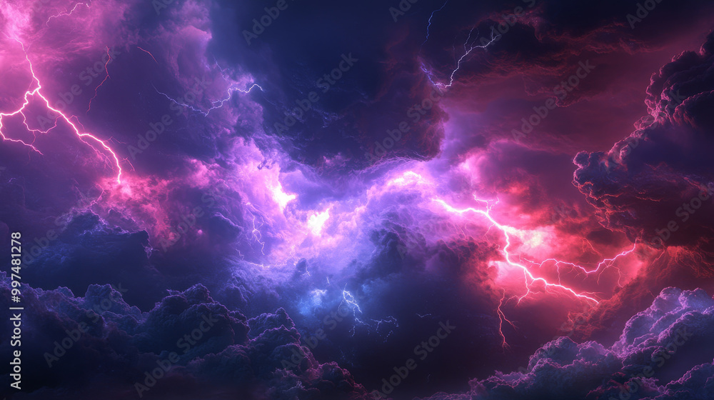 A powerful storm is brewing, with bright flashes of lightning illuminating the sky. This 3D image captures the storm's intensity. A powerful storm is brewing, with bright flashes of lightning illuminating the sky. This 3D image captures the storm's intensity.