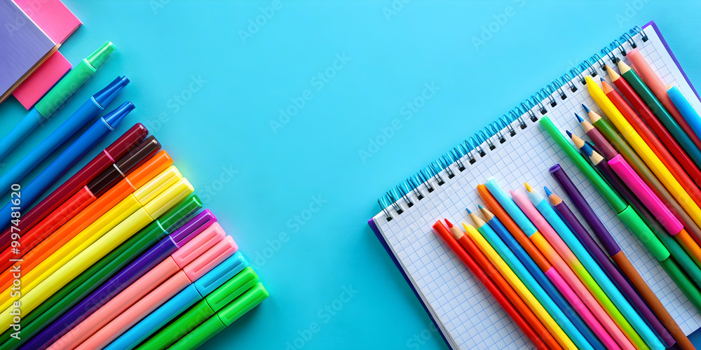 Vibrant school supplies including markers, notebooks Vibrant school supplies including markers, notebooks