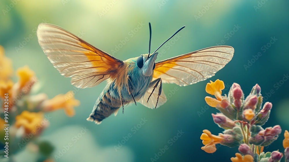A Vibrant Hummingbird Hawk-moth in Flight Over Yellow Flowers A Vibrant Hummingbird Hawk-moth in Flight Over Yellow Flowers