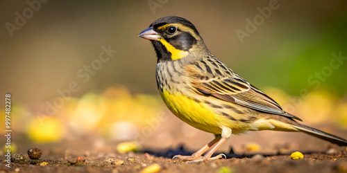 Black-faced bunting standing on the ground, black-faced bunting, Emberiza spodocephala, bird, wildlife, nature, ground, feathers photo