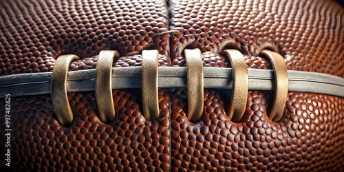 Macro image of textured American football ball with visible laces and stitches, sport, American football, ball, pigskin