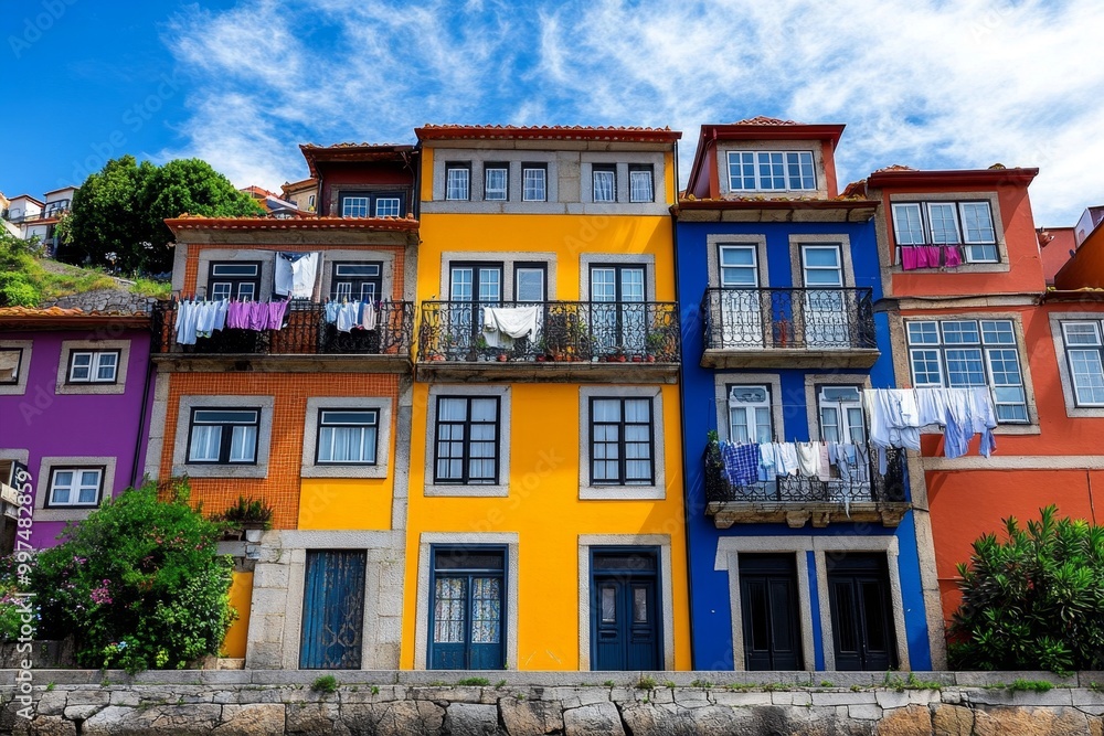 Fototapeta premium View of Porto from the Douro River, with colorful houses stacked on top of one another, traditional balconies, and laundry hanging out to dry, capturing the essence of local life