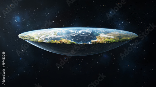 A flat Earth, drawn in a computer program, appears against a dark, black backdrop. photo