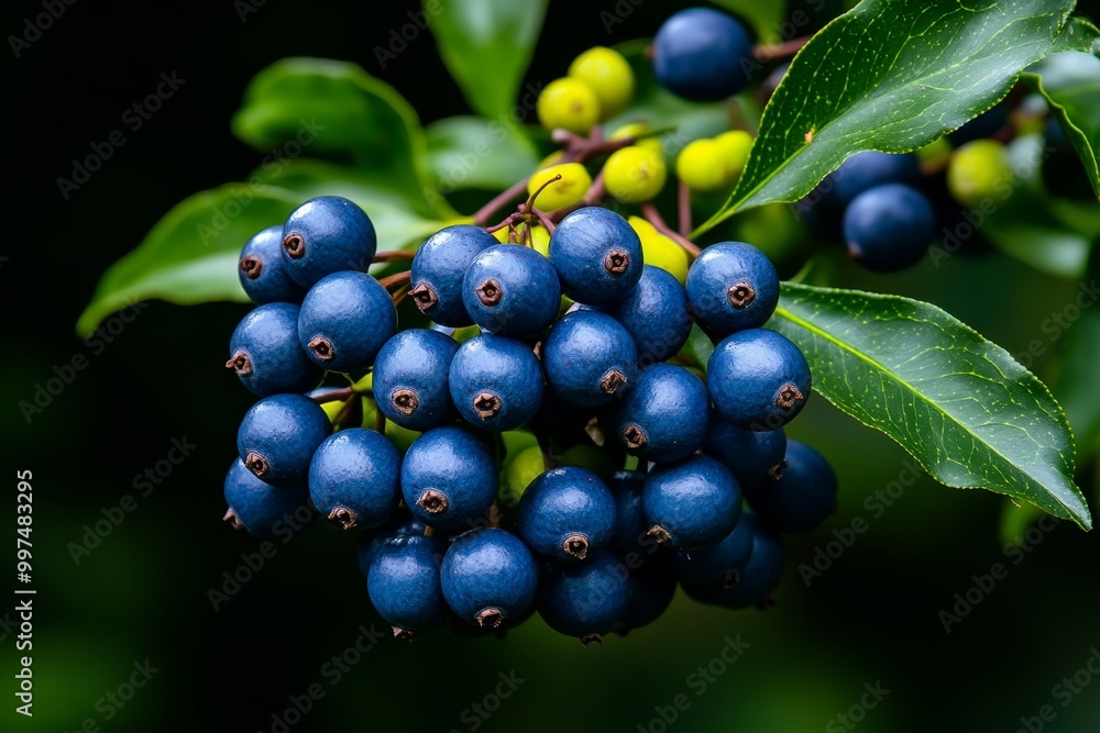 Wildlife feeding on Mahonia aquifolium berries, where birds or small mammals are attracted to the ripe, dark-blue fruits in a forest setting. Wildlife feeding on Mahonia aquifolium berries, where birds or small mammals are attracted to the ripe, dark-blue fruits in a forest setting.