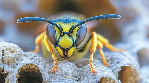 Close-up of a Yellowjacket Wasp on a Nest photo