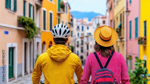 Couple Exploring Colorful European City on Bikes